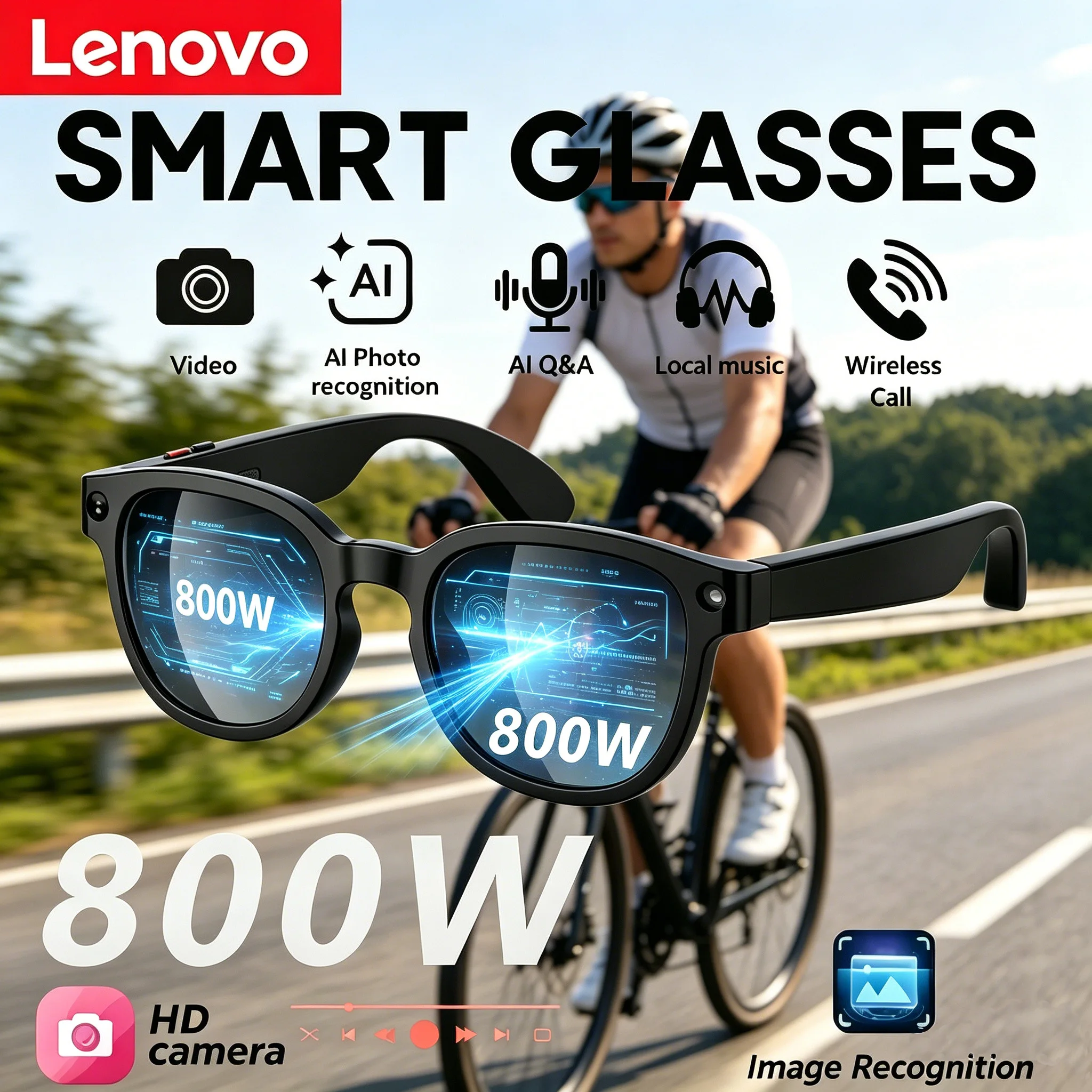 Lenovo 8MP HD Smart AI Glasses 4K Shooting Camera Photo Video Voice Call Translation Waterproof Bluetooth AI Motorcycle Glasses